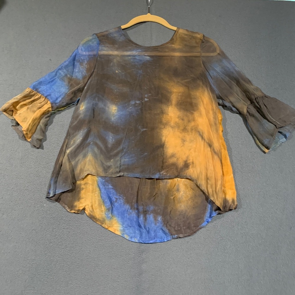 Boho Tie Dye Blouse Women Medium Blue Yellow Sheer Bell Sleeve Silky Top